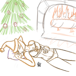 Size: 1000x1000 | Tagged: safe, artist:discrete turtle, oc, oc only, anthro, anthro oc, christmas tree, fireplace, solo, tree