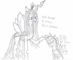 Size: 1974x1626 | Tagged: safe, artist:paskanaakka, queen chrysalis, changeling, g4, changeling officer, monochrome, sketch, traditional art