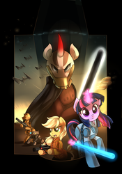 Size: 1575x2250 | Tagged: safe, artist:xnightmelody, applejack, twilight sparkle, g4, bioware, carth onasi, crossover, darth malak, gun, hk-47, lightsaber, lucasarts, promotional art, star wars, star wars: knights of the old republic, t3-m4