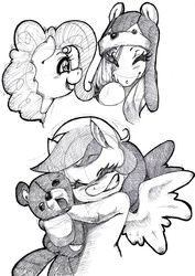 Size: 1063x1500 | Tagged: artist needed, safe, fluttershy, pinkie pie, rainbow dash, g4, animal costume, clothes, hug, monochrome, sketch dump, teddy bear