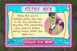 Size: 960x640 | Tagged: safe, gameloft, filthy rich, earth pony, pony, g4, eyes closed, game, introduction card, male, solo, stallion, text