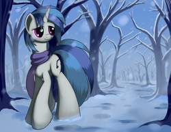 Size: 1650x1275 | Tagged: safe, artist:grennadder, dj pon-3, vinyl scratch, g4, big hooves, clothes, female, long legs, scarf, snow, snowfall, solo, tree