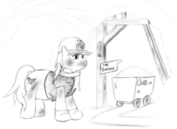 Size: 2489x1809 | Tagged: safe, oc, oc only, oc:pit pone, ask, british, chubby, coal, coal mine, english, fat, gravy, hat, mine, minecart, miner, monochrome, scruffy, solo, tumblr