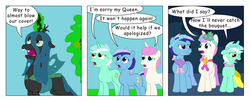 Size: 1024x415 | Tagged: safe, artist:t-brony, lyra heartstrings, minuette, queen chrysalis, twinkleshine, changeling, comic:friendship is tragic, g4, bridesmaid dress, clothes, comic, dress, moondancer (tragic), teleportation