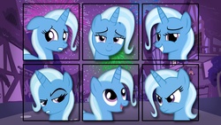 Size: 1920x1080 | Tagged: safe, artist:nathanthemighty, trixie, g4, angry, bedroom eyes, collage, face, fireworks, ponyville, smiling, vector, wallpaper
