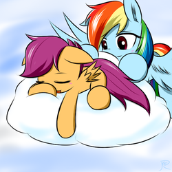 Size: 600x600 | Tagged: dead source, safe, artist:ranban, rainbow dash, scootaloo, pegasus, pony, g4, blushing, cloud, cloudy, eyes closed, female, filly, floppy ears, foal, lying down, mare, open mouth, pixiv, prone, scootalove, sky, sleeping, spread wings, wings