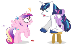 Size: 1000x625 | Tagged: safe, artist:dm29, princess cadance, shining armor, twilight sparkle, alicorn, pony, unicorn, g4, colt, colt shining armor, cute, exclamation point, female, filly, filly cadance, filly twilight sparkle, gritted teeth, horn, interrobang, julian yeo is trying to murder us, male, pointing, question mark, rearing, scared, shivering, signature, simple background, spread wings, stool, the floor is lava, transparent background, trio, wide eyes, younger