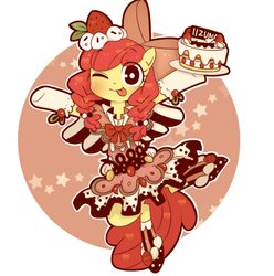 Size: 768x774 | Tagged: safe, artist:うめぐる, apple bloom, g4, cake, clothes, female, food, solo, strawberry