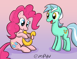 Size: 900x684 | Tagged: safe, artist:empyu, lyra heartstrings, pinkie pie, earth pony, pony, unicorn, g4, 30 minute art challenge, duo, gradient background, lyre, sharing, smiling