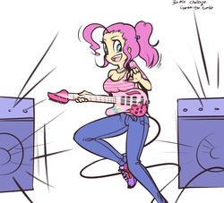 Size: 1280x1164 | Tagged: safe, artist:garam, pinkie pie, human, g4, 30 minute art challenge, breast rest, clothes, guitar, humanized, musical instrument, pants, shoes, sneakers, speaker