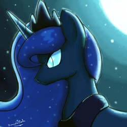 Size: 2000x2000 | Tagged: safe, artist:kanashiipanda, princess luna, alicorn, pony, g4, female, frown, mare, moon, night, solo, stars