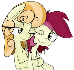 Size: 1145x1073 | Tagged: safe, artist:choop, junebug, roseluck, g4, female, hug, lesbian, rosebug, shipping