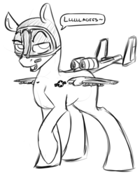 Size: 800x1000 | Tagged: safe, artist:scherzo, oc, oc only, original species, plane pony, pony, a-10 thunderbolt ii, a-10c, male, monochrome, plane, rule 63, solo, stallion