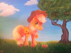 Size: 3264x2448 | Tagged: safe, artist:plectrumpony, applejack, g4, apple, female, grass, looking back, solo, traditional art, tree