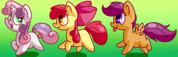 Size: 2500x800 | Tagged: safe, artist:zoiby, apple bloom, scootaloo, sweetie belle, g4, chibi, cutie mark crusaders