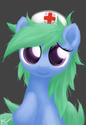 Size: 1280x1855 | Tagged: safe, artist:symbianl, nurse tenderheart, earth pony, pony, g4, background pony, big eyes, crying, ear fluff, female, fluffy mane, gray background, hat, hoof on chest, looking at you, mare, messy mane, nurse hat, shiny eyes, simple background, smiling, solo, tears of joy, teary eyes