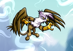 Size: 1754x1240 | Tagged: safe, artist:rambopvp, gilda, griffon, g4, claws, cloud, cloudy, female, fighting stance, fluffy, flying, glare, gritted teeth, sharp, solo, spread wings