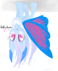 Size: 2460x3000 | Tagged: safe, artist:meekcheep, oc, oc only, mothpony, original species, dialogue, looking at you, moth pony general, solo, upside down