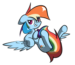 Size: 1580x1364 | Tagged: safe, artist:shovrike, rainbow dash, g4, colored pupils, covering, female, grin, legs in air, on back, simple background, solo, spread wings, tail covering, underhoof, white background