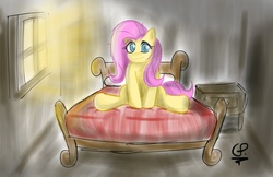 Size: 1713x1113 | Tagged: safe, artist:globalpredatorx, fluttershy, g4, bed, female, solo