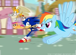 Size: 3510x2550 | Tagged: safe, artist:lightdegel, rainbow dash, scootaloo, g4, crossover, male, miles "tails" prower, ponyville, sonic the hedgehog, sonic the hedgehog (series)