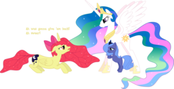 Size: 7202x3723 | Tagged: safe, artist:magical7, apple bloom, princess celestia, princess luna, alicorn, earth pony, pony, g4, alicornified, angry, bloomicorn, ethereal mane, female, filly, leg hug, mare, prone, race swap, role reversal, s1 luna, simple background, spread wings, swapped cutie marks, transparent background, trio, wings, woona