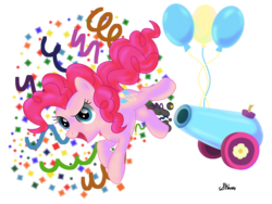 Size: 3264x2448 | Tagged: dead source, safe, artist:shiverbear, pinkie pie, earth pony, pony, g4, balloon, confetti, female, partillery, party cannon, pony cannonball, simple background, solo, transparent background
