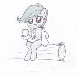 Size: 1024x1016 | Tagged: safe, artist:lockerobster, scootaloo, g4, clothes, cup, cute, cutealoo, female, grayscale, log, monochrome, sitting, solo, sweater, traditional art
