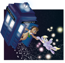 Size: 1000x971 | Tagged: safe, artist:kayla-san, derpy hooves, doctor whooves, time turner, earth pony, pegasus, pony, g4, doctor who, duo, female, male, mare, necktie, space, stallion, tardis, the doctor