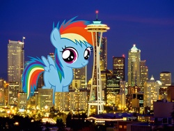 Size: 1600x1200 | Tagged: dead source, safe, artist:errorboy6090, rainbow dash, pegasus, pony, g4, blank flank, building, city, female, filly, filly rainbow dash, giant pegasus, giant pony, giant rainbow dash, giantess, highrise ponies, macro, mega/giant rainbow dash, night, request, seattle, skyline, solo, space needle, tower, younger