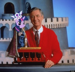 Size: 606x574 | Tagged: safe, twilight sparkle, g4, crossover, crown, mister rogers, mister rogers' neighborhood, neighborhood trolley, the land of make-believe, twiface, wrong neighborhood
