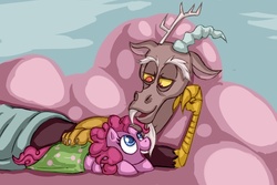 Size: 1139x763 | Tagged: safe, artist:donnyfate, artist:maxtaka, discord, pinkie pie, g4, blanket, cloud, cotton candy cloud, ship:discopie, shipping