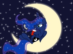 Size: 944x704 | Tagged: safe, artist:nekosnicker, princess luna, g4, crescent moon, drink, drinking, female, moon, nds, playing, solo, tangible heavenly object, transparent moon, video game