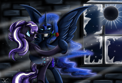 Size: 1250x855 | Tagged: safe, artist:jamescorck, nightmare moon, nightmare rarity, pony, g4, bedroom eyes, bipedal, dancing, duality, eclipse, grin, mouth hold, rose, self ponidox, selfcest, ship:dance of the nightmares, shipping, smiling, solar eclipse, sparkle, tango, time paradox