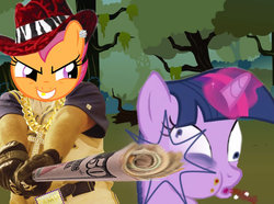 Size: 661x493 | Tagged: safe, artist:howdogz, scootaloo, twilight sparkle, g4, beating, hat, pimp hat, twilybuse