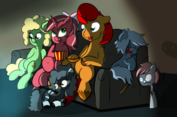 Size: 4100x2707 | Tagged: safe, artist:cosmonaut, oc, oc:mewball, oc:minituffs, oc:red ribbon, oc:sleepyhead, oc:tropicana, earth pony, pony, unicorn, belly button, chubby, cosmonaut, couch, dark, fat, mewball, minituffs, movie, scary, sitting, sleeping, tropicana