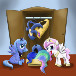 Size: 1000x1000 | Tagged: safe, artist:cyb3rwaste, princess celestia, princess luna, g4, armor, box, cewestia, filly, wardrobe, wig, woona