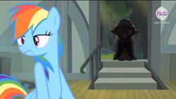 Size: 518x293 | Tagged: safe, screencap, a.k. yearling, daring do, rainbow dash, daring don't, g4, faic, hub logo, hubble, link, stairs