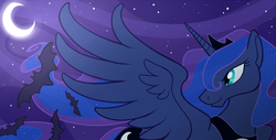 Size: 1233x624 | Tagged: safe, artist:andren, princess luna, bat, g4, female, moon, night, solo