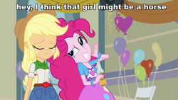 Size: 960x540 | Tagged: safe, applejack, pinkie pie, equestria girls, g4, balloon, caption