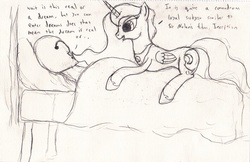 Size: 2544x1648 | Tagged: safe, artist:frikdikulous, princess luna, oc, oc:anon, g4, bed, monochrome, sketch, text