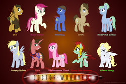 Size: 1200x800 | Tagged: safe, artist:snapai, derpy hooves, doctor whooves, nurse tenderheart, pinkie pie, roseluck, surprise, time turner, pegasus, pony, g4, companions, doctor who, eleventh doctor, female, jumper, mare, ninth doctor, peacoat, pinkamena diane pie, ponified, tenth doctor