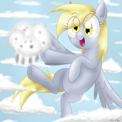 Size: 1000x1000 | Tagged: safe, artist:leibi97, derpy hooves, pegasus, pony, g4, cloud, cloudy, female, mare, muffin, solo