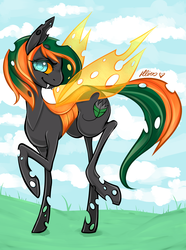 Size: 1336x1800 | Tagged: safe, artist:chao-illustrations, oc, oc only, changeling, double colored changeling, orange changeling, solo