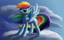 Size: 2000x1250 | Tagged: safe, artist:deathpwny, rainbow dash, pegasus, pony, g4, cloud, cloudy, female, solo, windswept mane