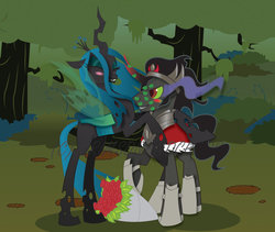 Size: 1024x863 | Tagged: safe, artist:dr-whiskey, king sombra, queen chrysalis, g4, blushing, bouquet, female, flower, king sombra gets all the mares, kiss mark, lipstick, lucky bastard, male, ship:chrysombra, shipping, straight, unholy matrimony