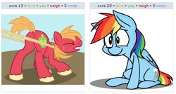 Size: 475x255 | Tagged: safe, big macintosh, rainbow dash, earth pony, pony, derpibooru, g4, exploitable meme, juxtaposition, juxtaposition win, male, meme, meta, ship:rainbowmac, shipping, stallion, straight