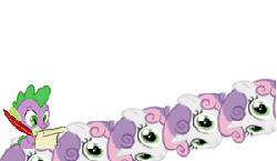 Size: 300x175 | Tagged: safe, artist:theelinker, spike, sweetie belle, g4, animated, dialogue, feather, ponymotes, pun, quill, scroll, stairs, stare, text, visual pun