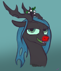 Size: 646x755 | Tagged: safe, artist:rainbow-dosh, queen chrysalis, reindeer, g4, christmas changeling, female, mistletoe, rudolph the red nosed reindeer, solo