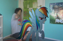 Size: 900x587 | Tagged: safe, artist:metalgriffen69, rainbow dash, human, pegasus, pony, g4, angry, crying, hand on face, irl, irl human, metalgriffen69, photo, ponies in real life